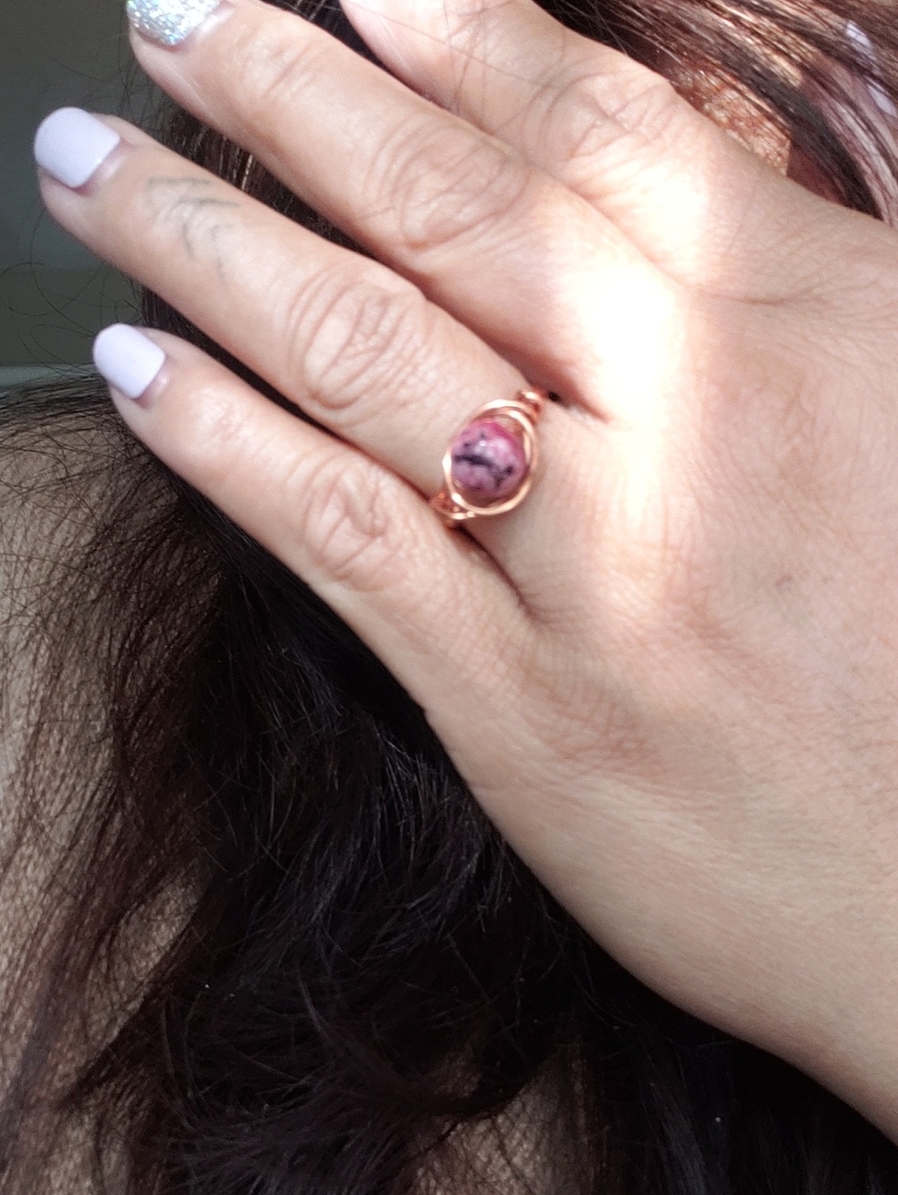 New Rhodonide with copper wire wrapped ring size 7